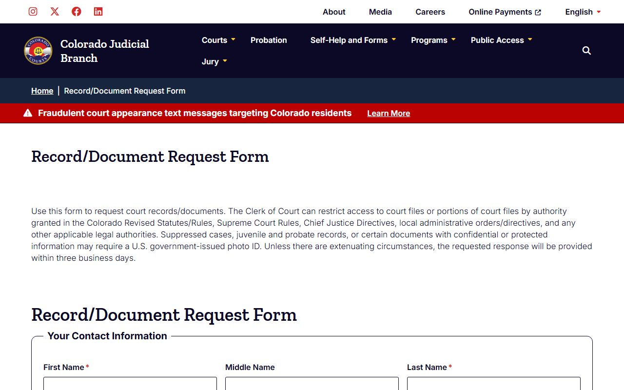 Prowers County court records after arrest document request form