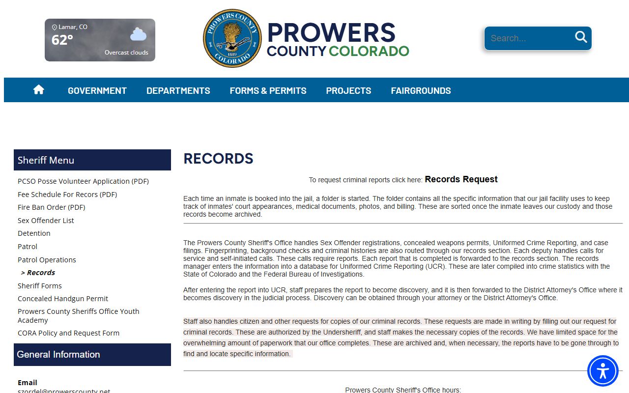 Prowers County inmate records sheriff records page